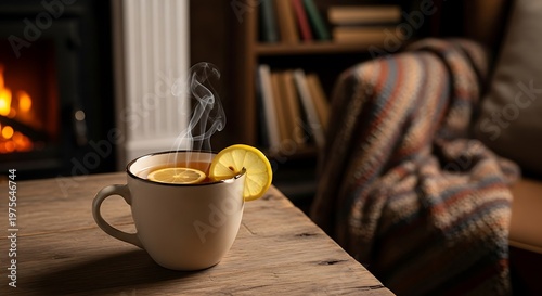 Cozy scene with a warm cup of tea and a fireplace.