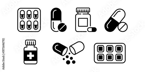 Medical Pills Icons Set Capsule Tablet Bottle Blister Pack Pharmacy Vector Illustration