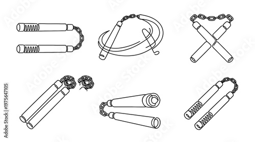 nunchaku , six black Continuous Line Art (Single Line) vector set collection , white background , PNG and SVG