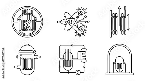 nuclear reactor core , six black Continuous Line Art (Single Line) vector set collection , white background , PNG and SVG