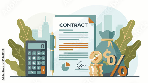 Business Contract and Financial Planning with Calculator, Money, and Percentage