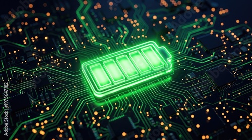 Glowing battery icon integrated onto complex circuit board pathways, energy storage concept, electronic.