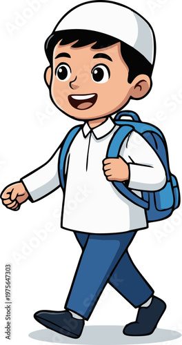 Young Muslim Boy Student Cheerfully Walking to School Carrying a Blue Backpack Ready for Education and Learning