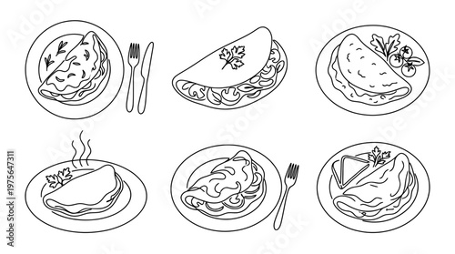 omelette , six black Continuous Line Art (Single Line) vector set collection , white background , PNG and SVG