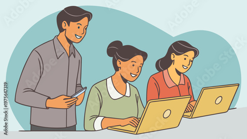 Vector illustration of coworkers working on laptop. Business teamwork, office collaboration, project discussion, startup meeting, communication, and productivity concept.