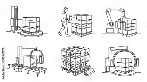 pallet wrapper , six black Continuous Line Art (Single Line) vector set collection , white background , PNG and SVG