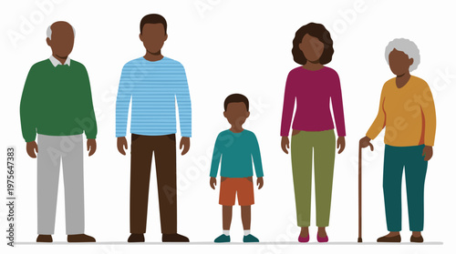 Diverse multi-generational family standing together on white background