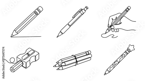 pencil , six black Continuous Line Art (Single Line) vector set collection , white background , PNG and SVG