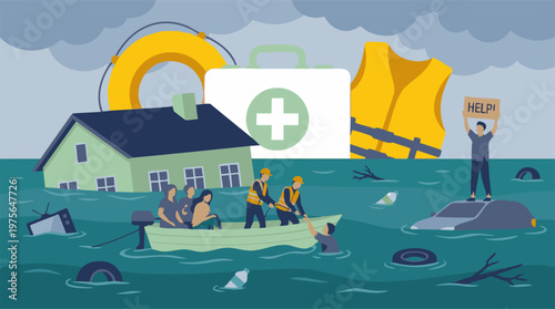 Flood disaster rescue operation, people seeking help, submerged homes.
