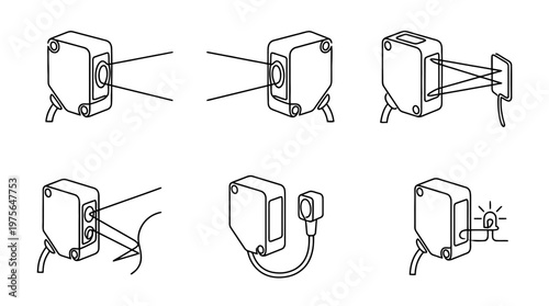 photoelectric sensor , six black Continuous Line Art (Single Line) vector set collection , white background , PNG and SVG