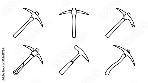 pickaxe , six black Continuous Line Art (Single Line) vector set collection , white background , PNG and SVG