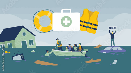 Flood disaster with emergency rescue operations and people needing help