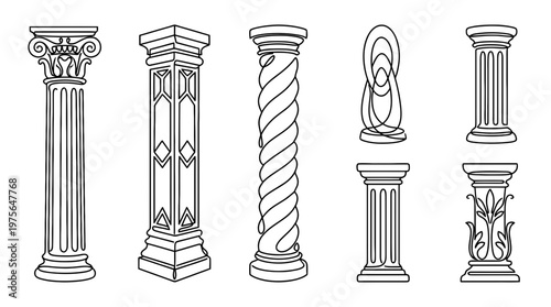 pillar , six black Continuous Line Art (Single Line) vector set collection , white background , PNG and SVG