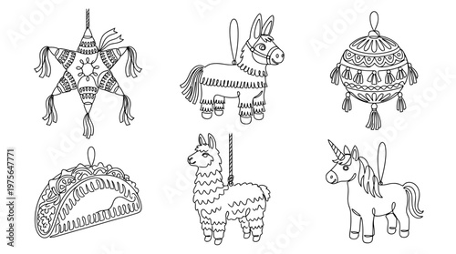 pinata , six black Continuous Line Art (Single Line) vector set collection , white background , PNG and SVG