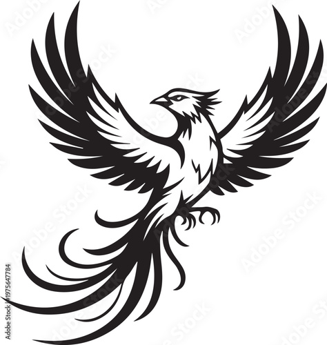 Phoenix rising with wings spread wide is portrayed in this detailed black and white graphic illustration representing rebirth, mythology, and legendary creature themes.