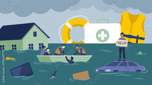 Flood disaster scene with rescue efforts and people seeking help