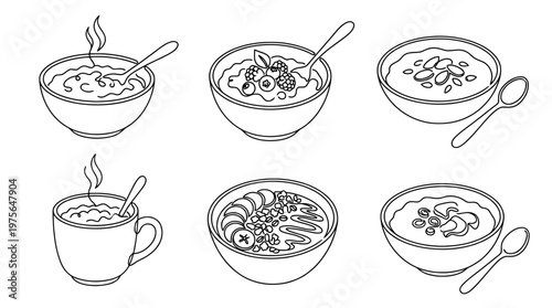porridge , six black Continuous Line Art (Single Line) vector set collection , white background , PNG and SVG