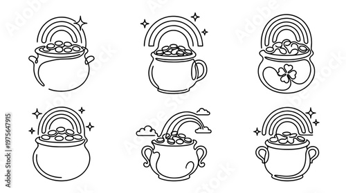 pot of gold , six black Continuous Line Art (Single Line) vector set collection , white background , PNG and SVG