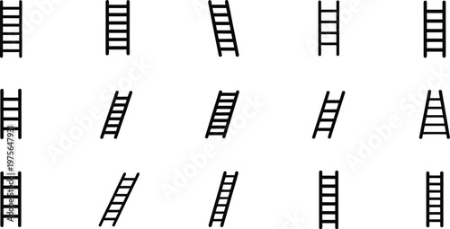 Various, straight and leaning ladders vector illustration in black silhouette on white background, representing construction, climbing, DIY, home improvement, industrial tools, safety equipment, and 