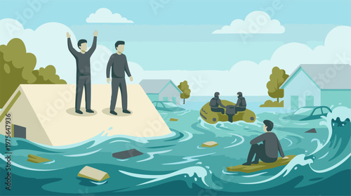 Illustration of severe flood disaster with submerged homes and rescue operation