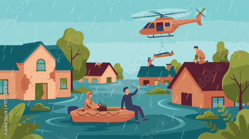 Heavy rain and flood emergency with people being rescued from houses