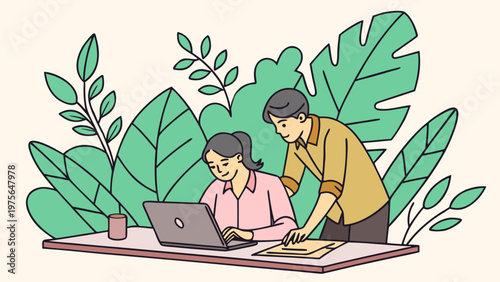 Vector illustration of coworkers discussing project on laptop. Office teamwork, brainstorming, business planning, corporate collaboration, communication, and productivity concept.