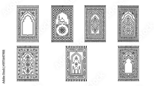 prayer rug , six black Continuous Line Art (Single Line) vector set collection , white background , PNG and SVG