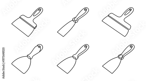 putty knife , six black Continuous Line Art (Single Line) vector set collection , white background , PNG and SVG