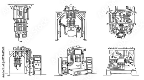quantum computer , six black Continuous Line Art (Single Line) vector set collection , white background , PNG and SVG
