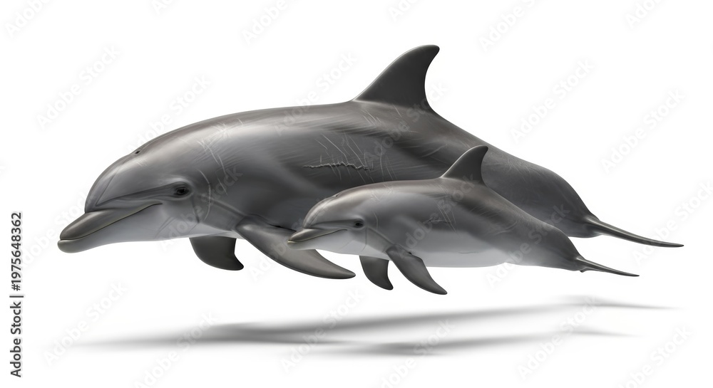 Obraz premium Two Dolphins Swimming Together Isolated on White Background