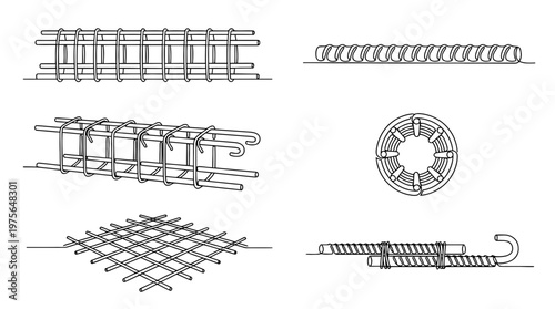 rebar , six black Continuous Line Art (Single Line) vector set collection , white background , PNG and SVG