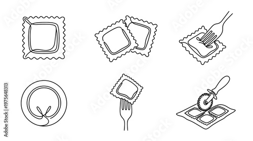 ravioli , six black Continuous Line Art (Single Line) vector set collection , white background , PNG and SVG
