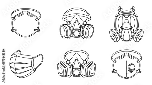 respirator , six black Continuous Line Art (Single Line) vector set collection , white background , PNG and SVG