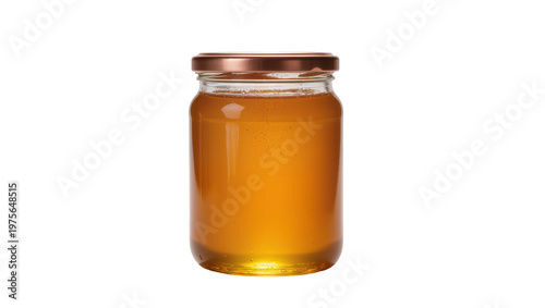 Glass jar filled with golden honey sealed with a copper lid, isolated on transparent background