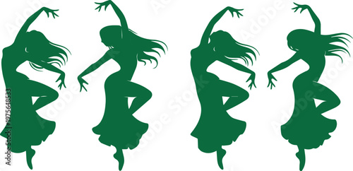 Dancers in silhouette form a repeating pattern of elegant green figures performing rhythmic movements against a clean white background.