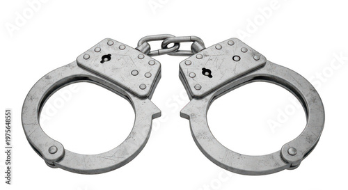 A pair of metal handcuffs with a chain link isolated on transparent background