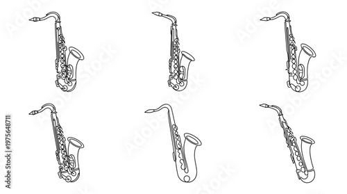 saxophone , six black Continuous Line Art (Single Line) vector set collection , white background , PNG and SVG