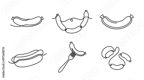 sausage , six black Continuous Line Art (Single Line) vector set collection , white background , PNG and SVG