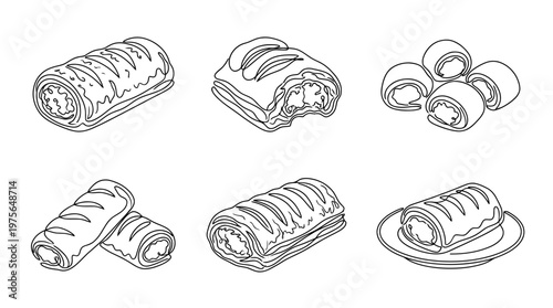 sausage roll , six black Continuous Line Art (Single Line) vector set collection , white background , PNG and SVG