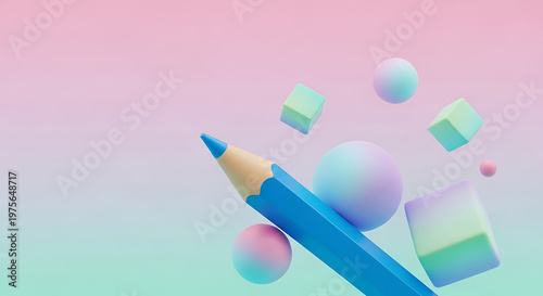 A colorful blue pencil floats in mid-air surrounded by pastel shapes on a soft pink and green background, Back to school, copy space