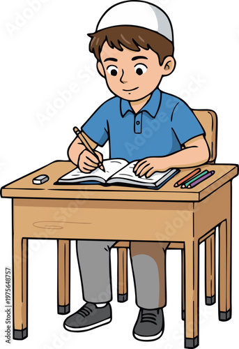 Young Muslim Boy Student Focused on Writing in a Notebook at His Wooden Desk with a Pen and Colored Pencils