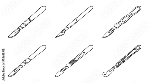 scalpel , six black Continuous Line Art (Single Line) vector set collection , white background , PNG and SVG