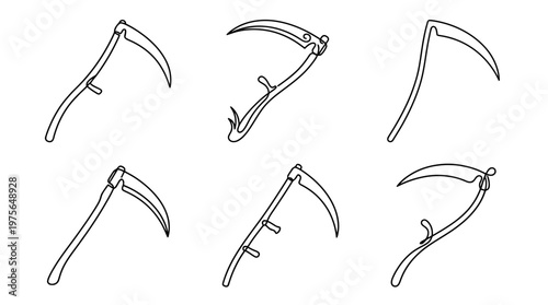 scythe , six black Continuous Line Art (Single Line) vector set collection , white background , PNG and SVG
