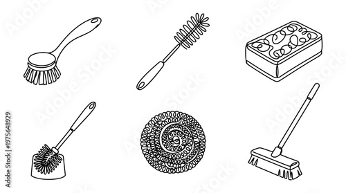 scrubber , six black Continuous Line Art (Single Line) vector set collection , white background , PNG and SVG