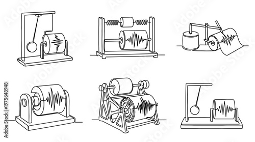 seismograph , six black Continuous Line Art (Single Line) vector set collection , white background , PNG and SVG