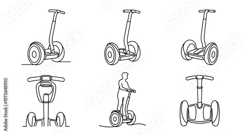 segway , six black Continuous Line Art (Single Line) vector set collection , white background , PNG and SVG