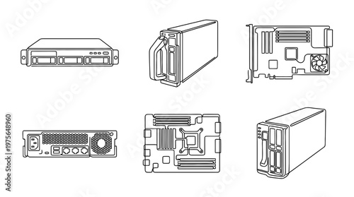 server blade , six black Continuous Line Art (Single Line) vector set collection , white background , PNG and SVG