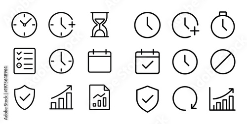 Clock and schedule icon set depicting time tracking interface