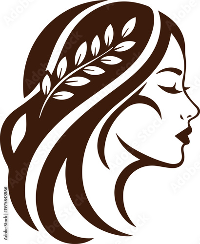 Tableau sur toile Woman profile silhouette incorporates an elegant olive branch element to represent wellness and natural beauty