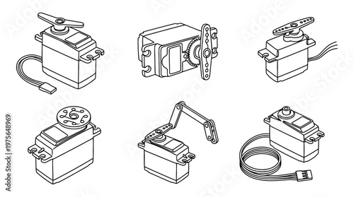 servo motor , six black Continuous Line Art (Single Line) vector set collection , white background , PNG and SVG